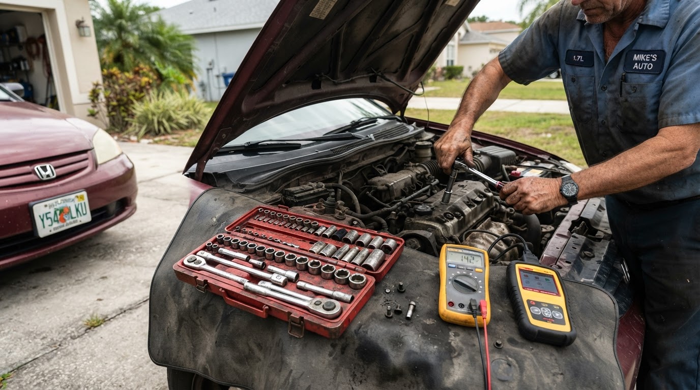 A mechanic's socket set and diagnostic tools laid out on a fender mat beside an open car hood in bright daylight