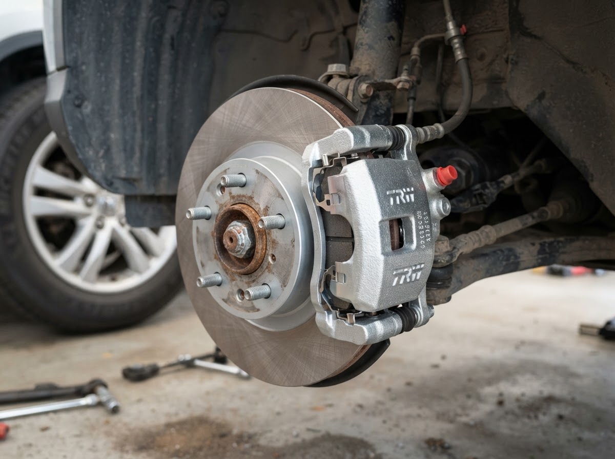 A new clean brake caliper with fresh pads installed on the same car rotor