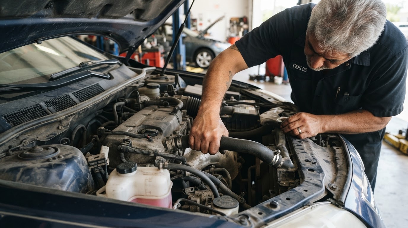 A mechanic's hand checking a radiator hose at the clamp in an engine bay viewed from above with the coolant reservoir visible