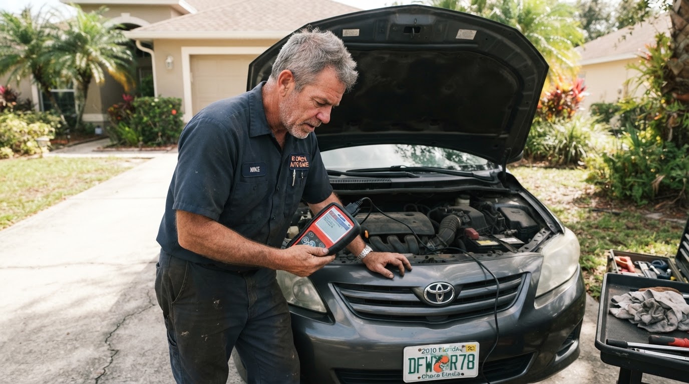 A grey-haired mechanic scanning a car with a diagnostic scan tool under the open hood of a sedan in a Florida driveway