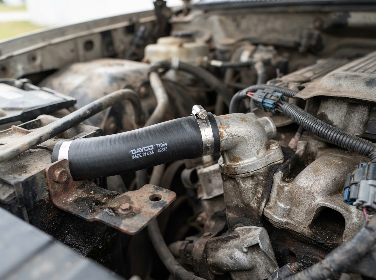 A new firm radiator hose installed at the clamp in the same engine bay
