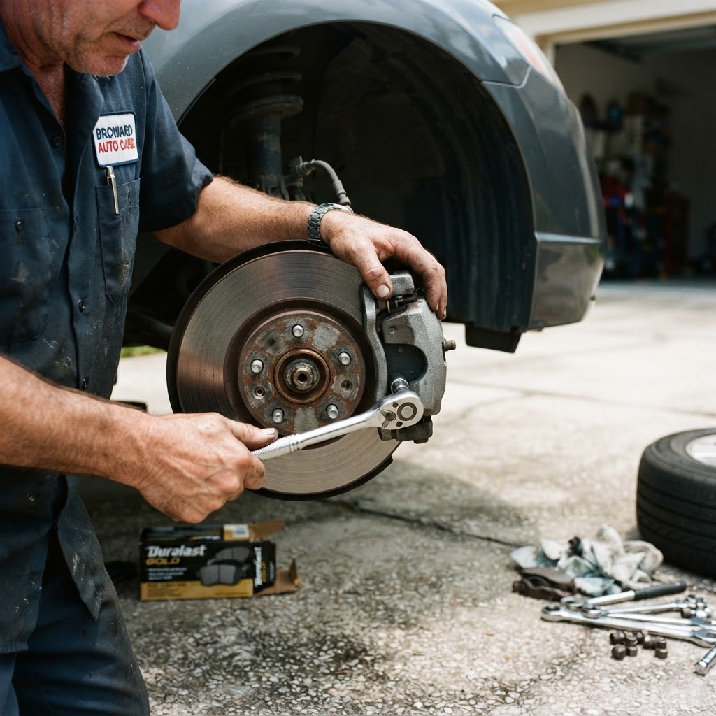 Brake caliper and new pads being installed on a car rotor in a driveway