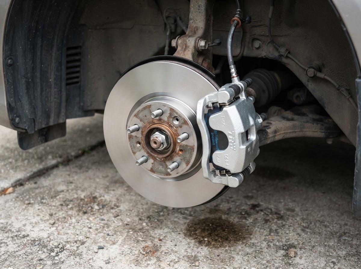 A brand new smooth brake rotor mounted on the same car hub with a new caliper and pads