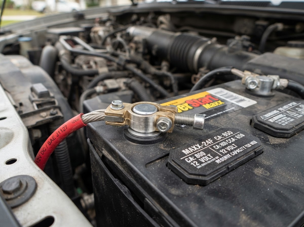 The same car battery terminal after being cleaned and brushed, shiny and clean