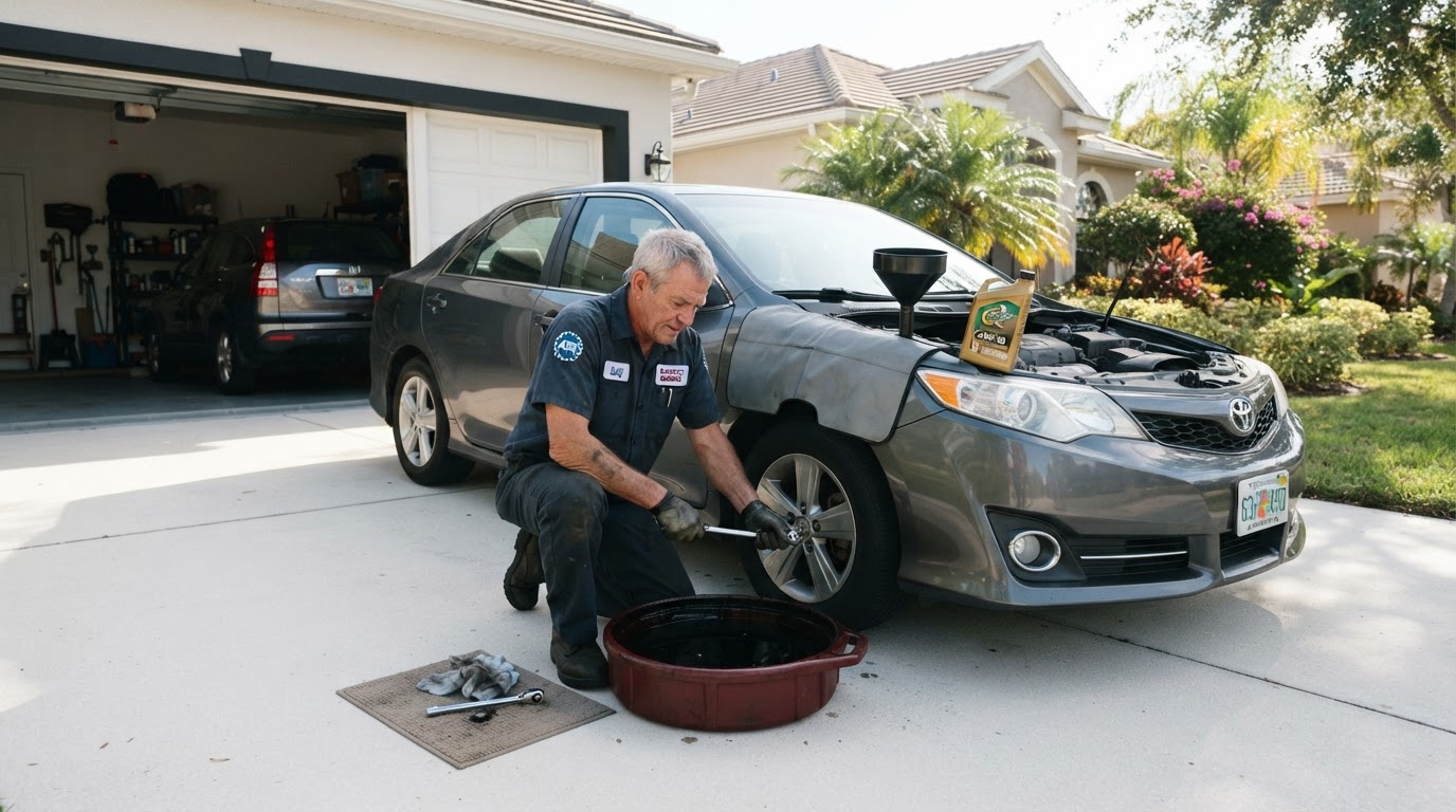 A grey-haired mechanic in a navy work shirt doing an oil change in a clean suburban driveway in front of a two-car garage with a drain pan under the car and oil bottles on a fender mat