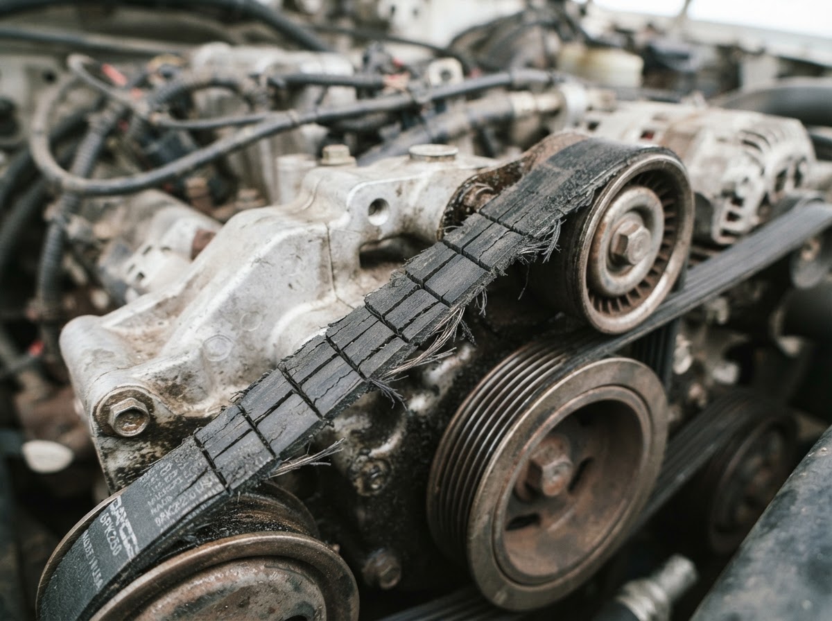A cracked and frayed old serpentine belt with visible cracks on engine pulleys