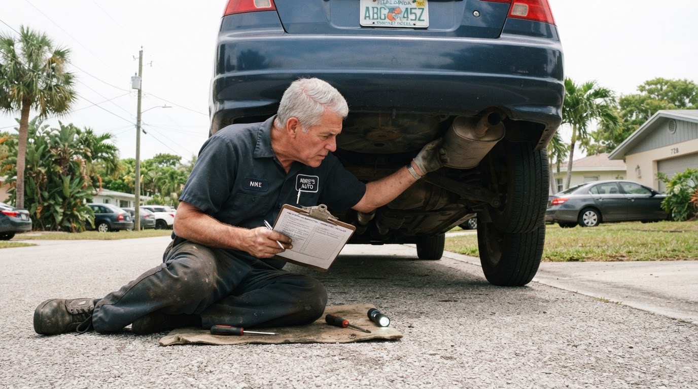 A grey-haired mechanic crouched inspecting underneath a used car on a residential Florida street with a clipboard during a pre-purchase inspection