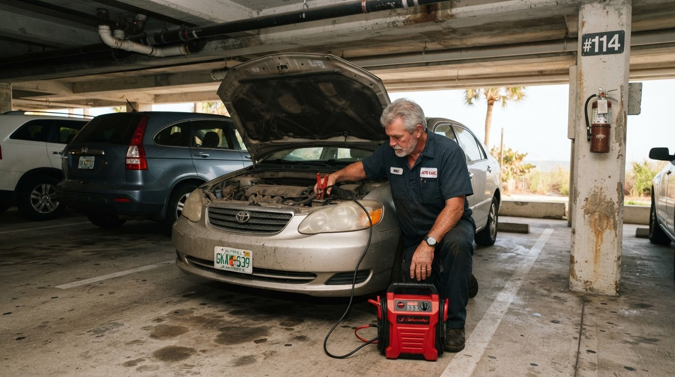 A grey-haired mechanic in a navy work shirt testing a dead battery on a sedan parked in an assigned space in a beachside condo parking garage with concrete pillars and low ceiling