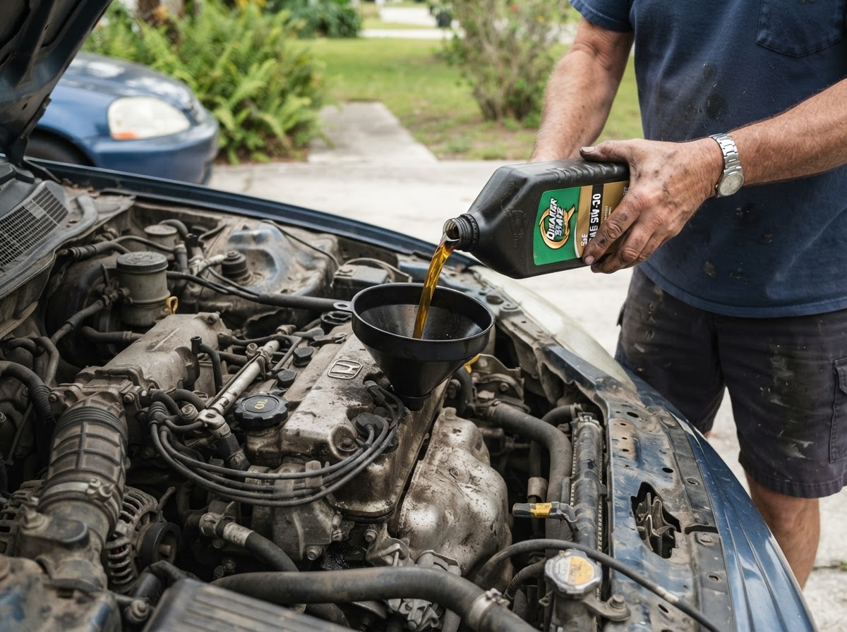 Clean amber fresh motor oil being poured through a funnel into the same engine