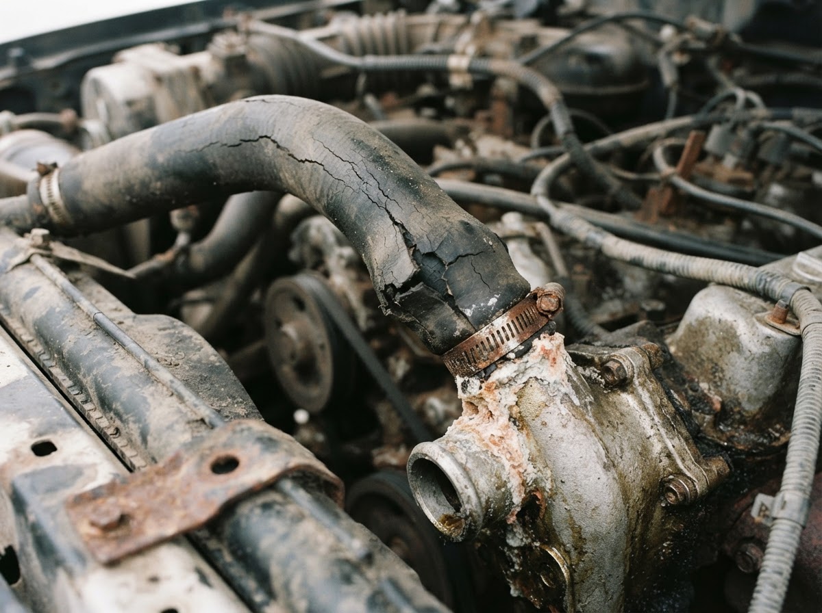A swollen and split old radiator hose with dried coolant residue at the clamp