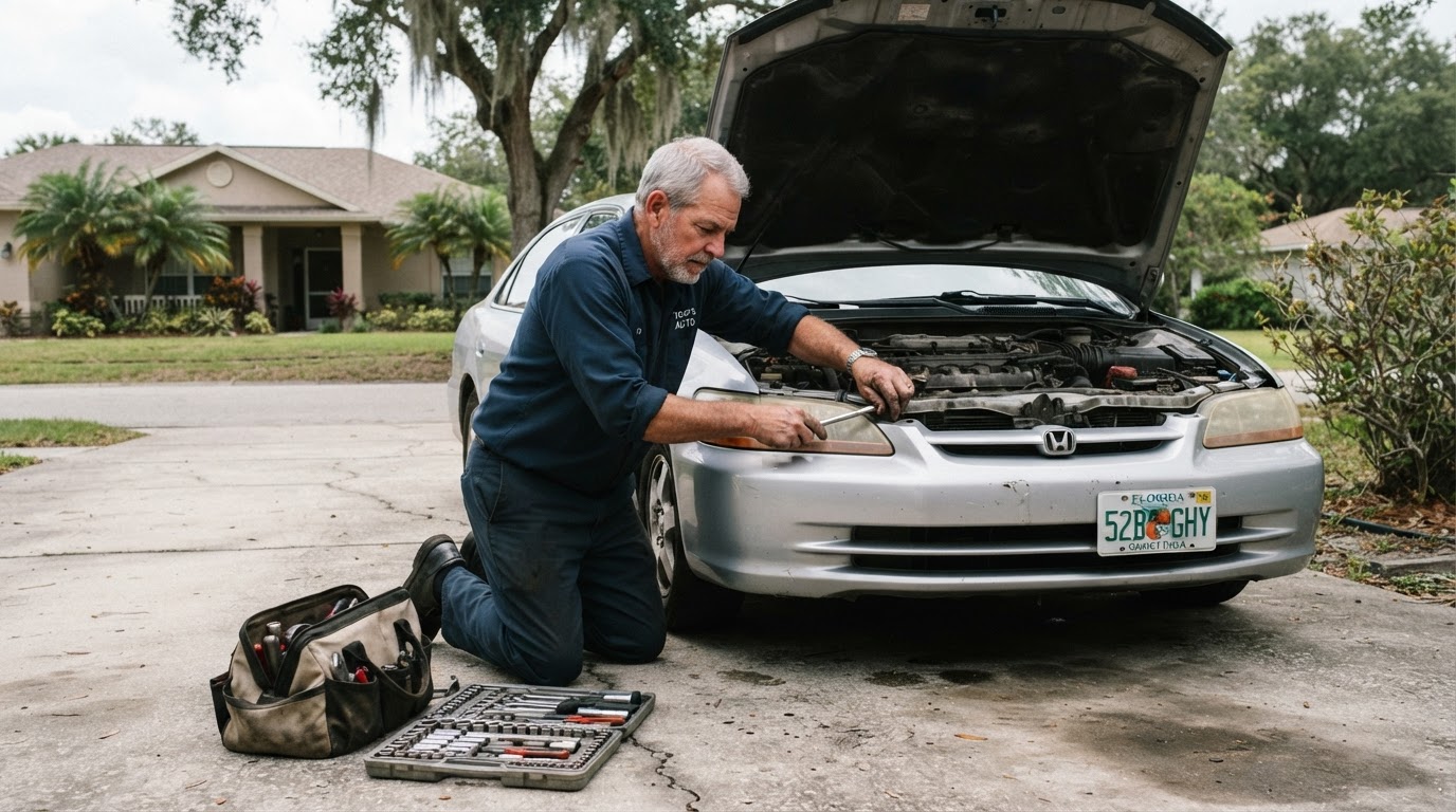 Grey-haired mechanic in a navy work shirt kneeling beside the open hood of a silver sedan in a Florida driveway, toolbag open on the concrete