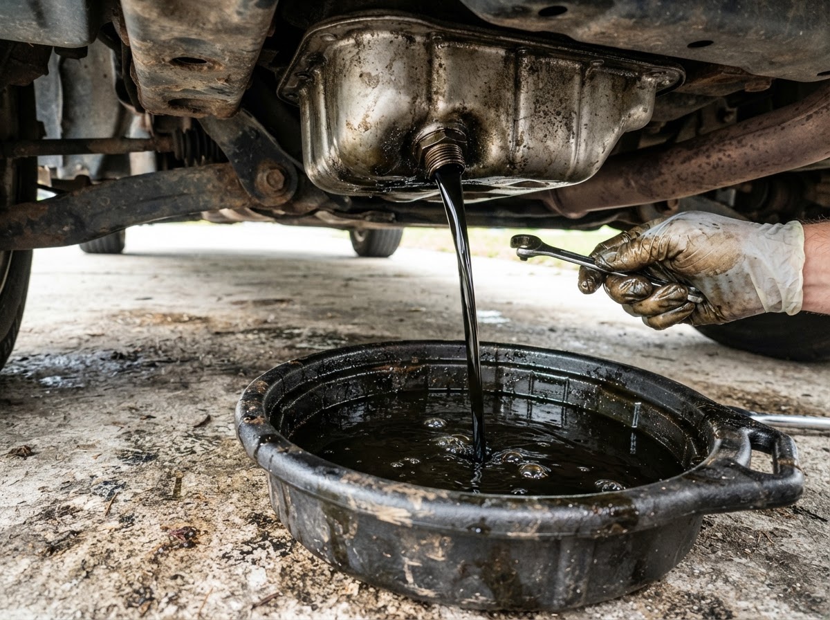 Black dirty used motor oil draining from a car drain plug into a pan