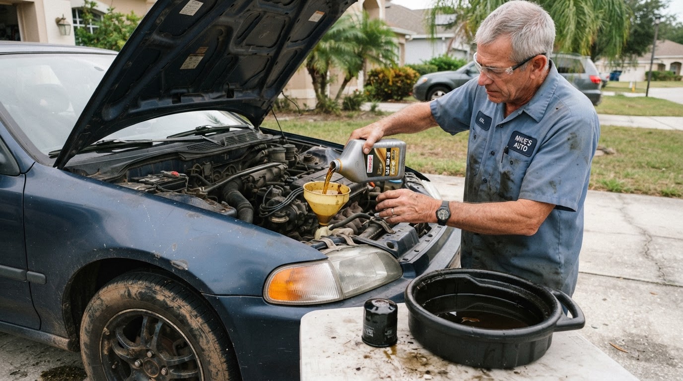 Fresh motor oil being poured into a funnel at a car's valve cover under a raised hood with an oil filter and drain pan on the concrete beside the front wheel