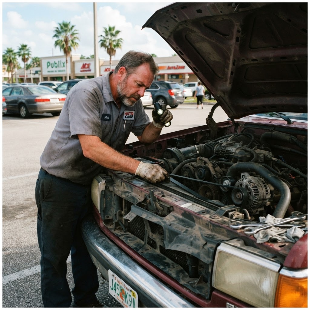 Mechanic inspecting a serpentine belt and radiator hose under a raised hood