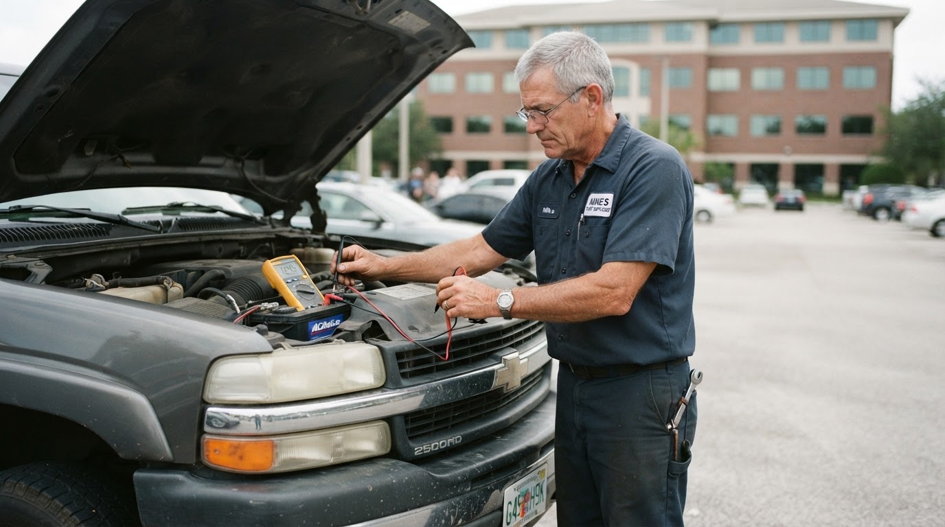 A grey-haired mechanic in a navy work shirt testing a car battery with a multimeter under the raised hood of a pickup truck in a workplace parking lot with an office building in the background