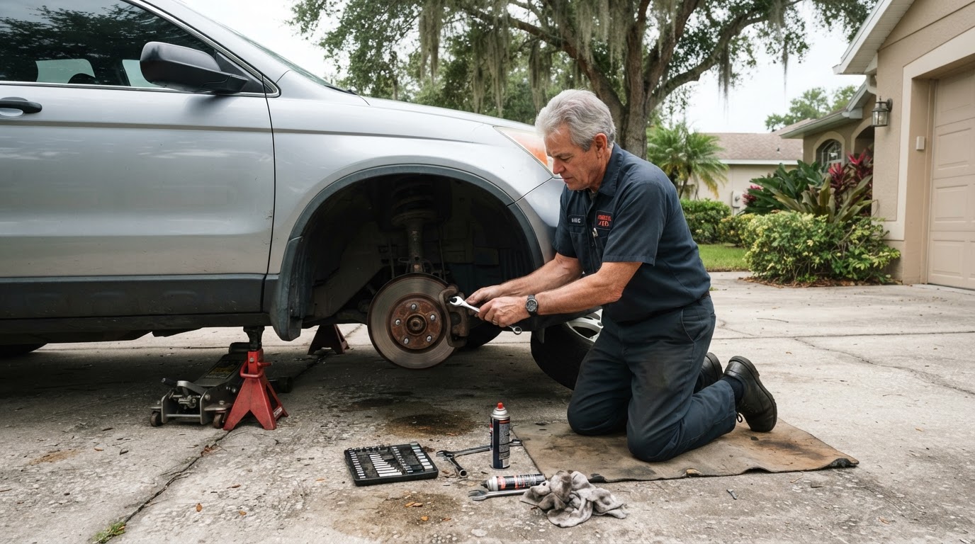 A wheel removed and set against a tire well with the brake caliper and rotor exposed and a jack stand under the rocker on a concrete driveway