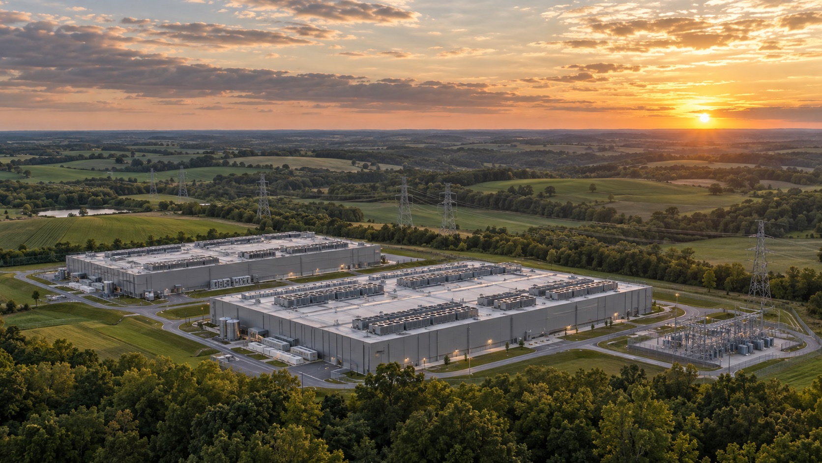 Conceptual modern data center campus with surrounding landscape and transmission infrastructure