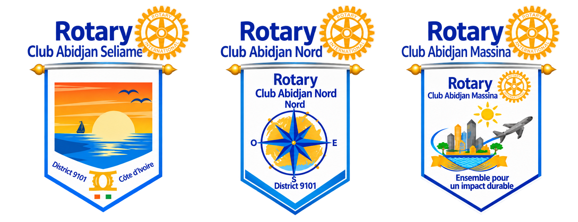 Logos des 3 Clubs organisateurs : Rotary Club Abidjan Seliame, Abidjan Nord, Abidjan Massina