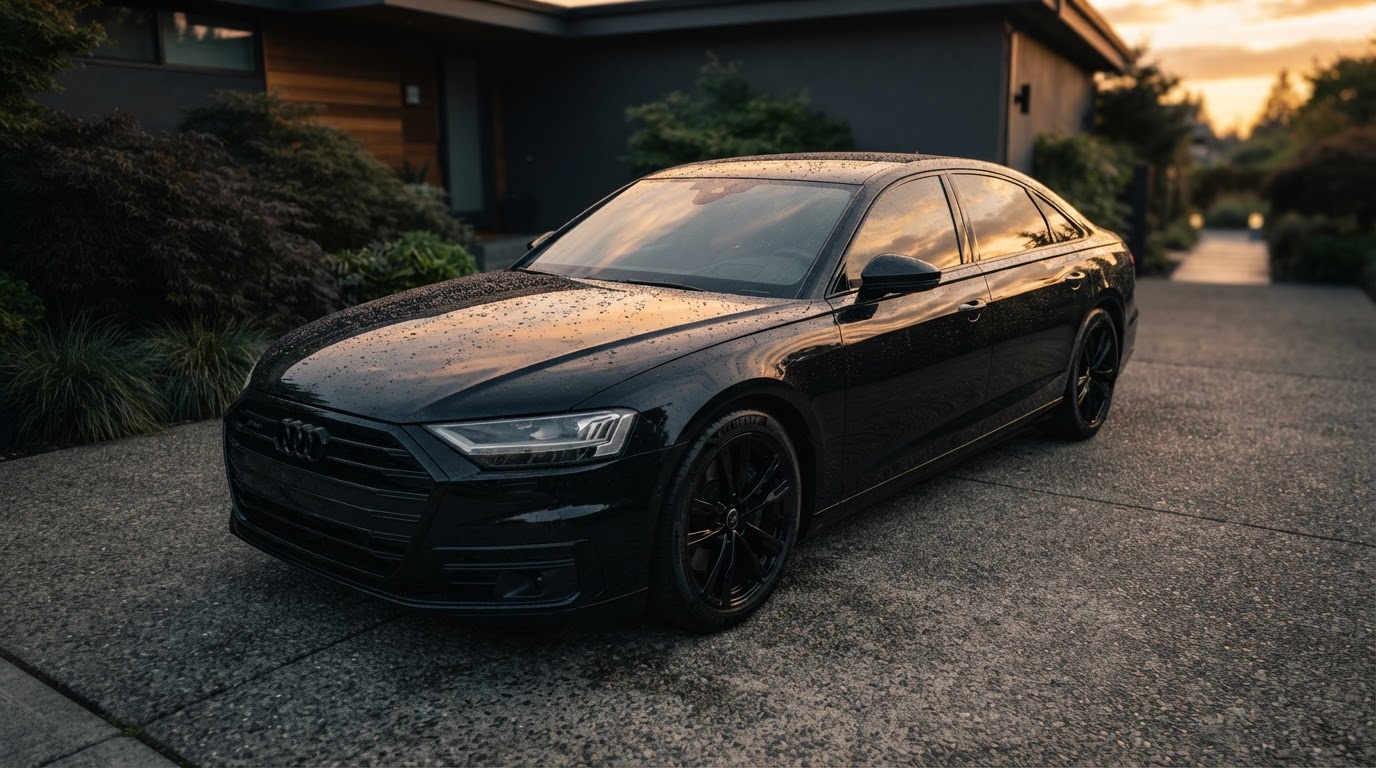 Freshly detailed dark sedan at golden hour with water beading on the hood