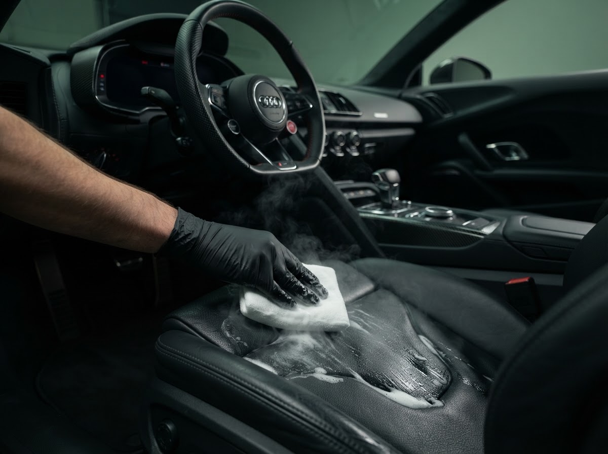 Detailer cleaning a black leather car seat with a microfiber applicator