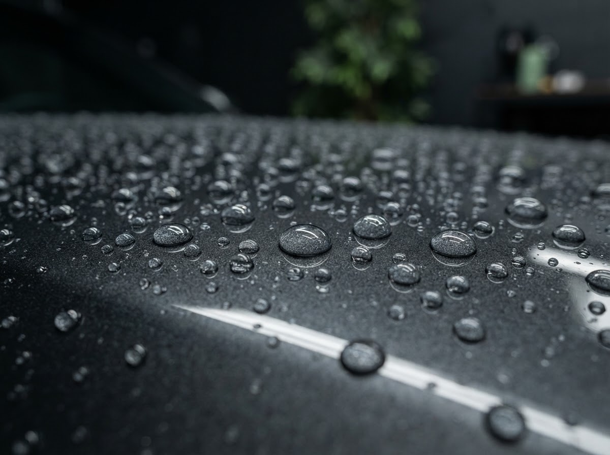 Water droplets beading on a ceramic-coated charcoal car hood