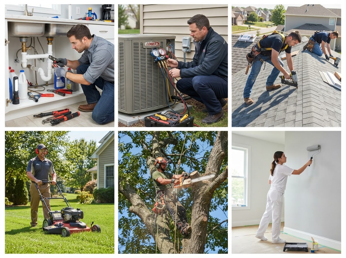Collage of home service professionals: painter, plumber, landscaper, roofer, HVAC tech, and tree removal crew at work