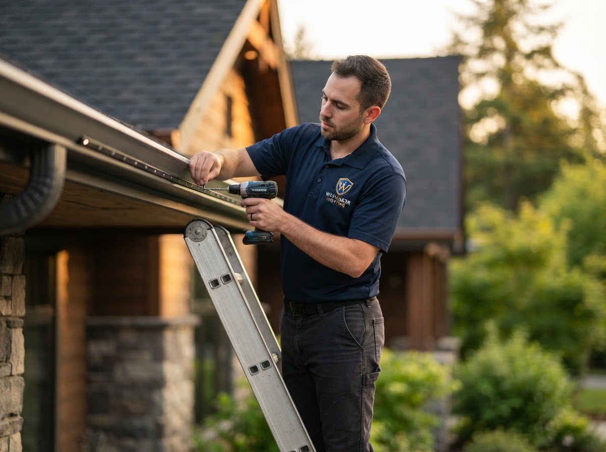 Waymaker Lighting installer in official uniform carefully installing permanent lighting track along a home's roofline
