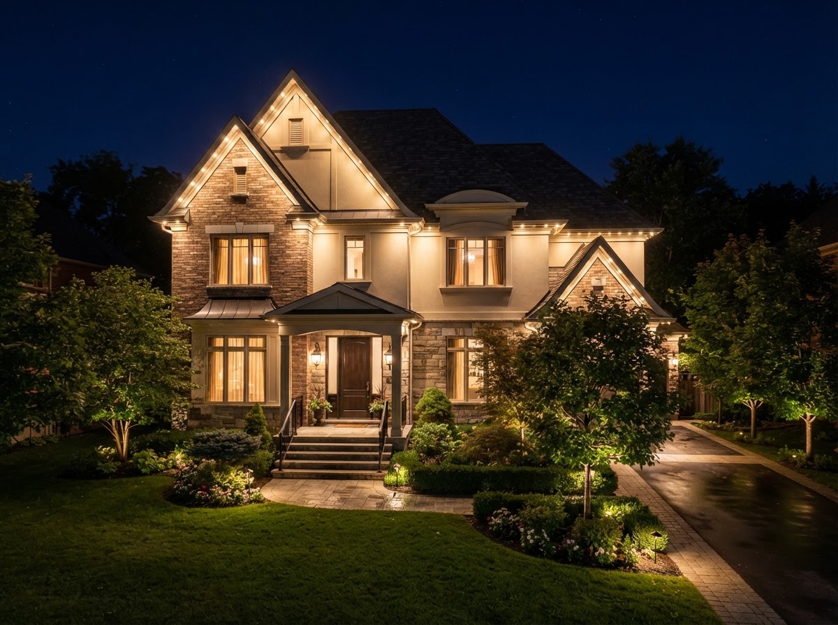 Everyday Elegance — Warm architectural lighting permanent roofline lighting