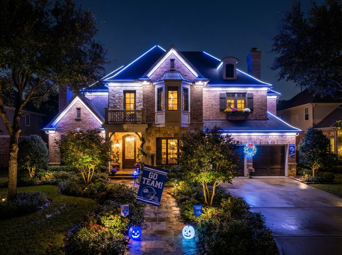 Kentucky Blue — Game-day blue permanent roofline lighting
