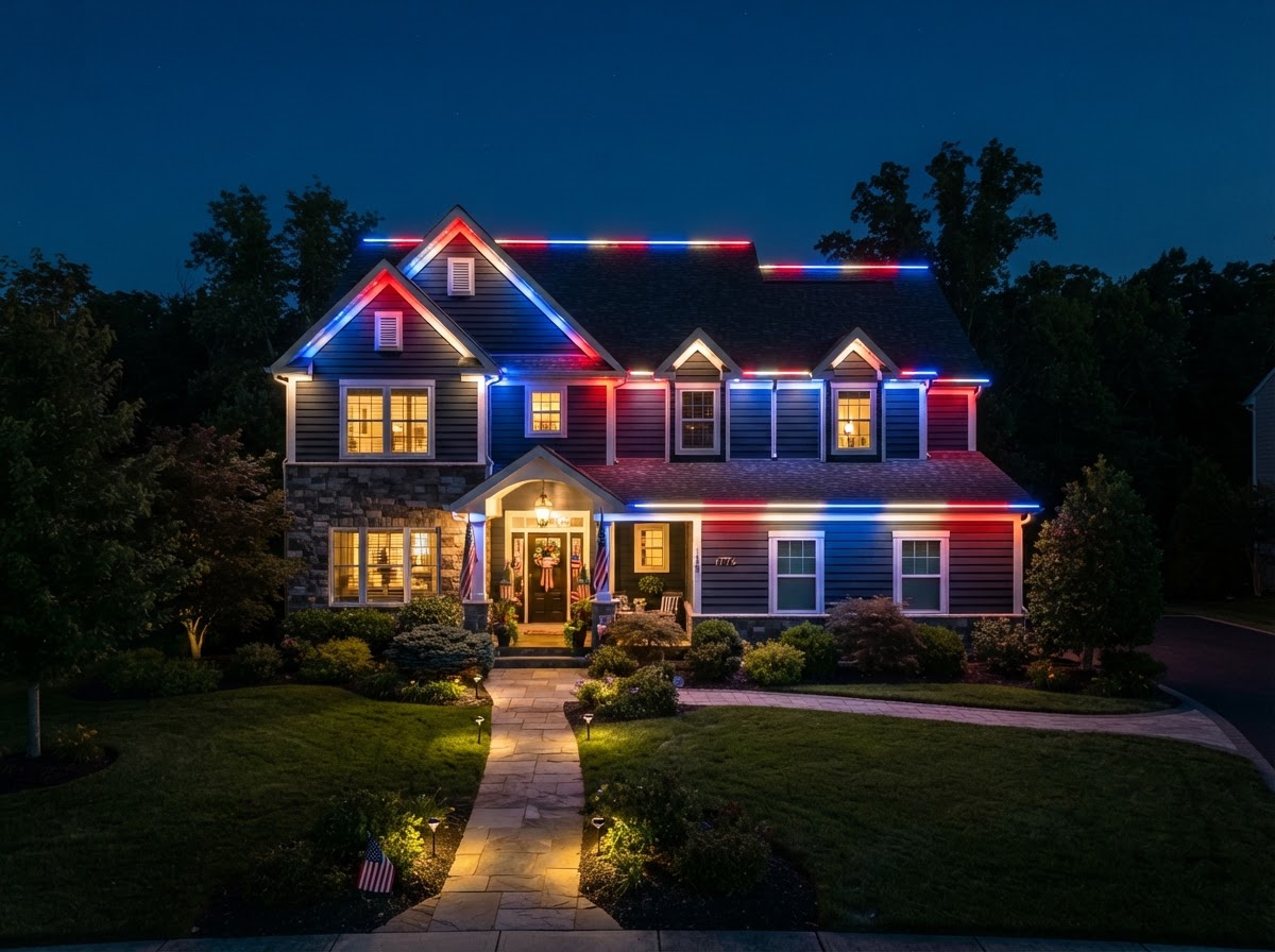Patriotic — Red, white & blue permanent roofline lighting