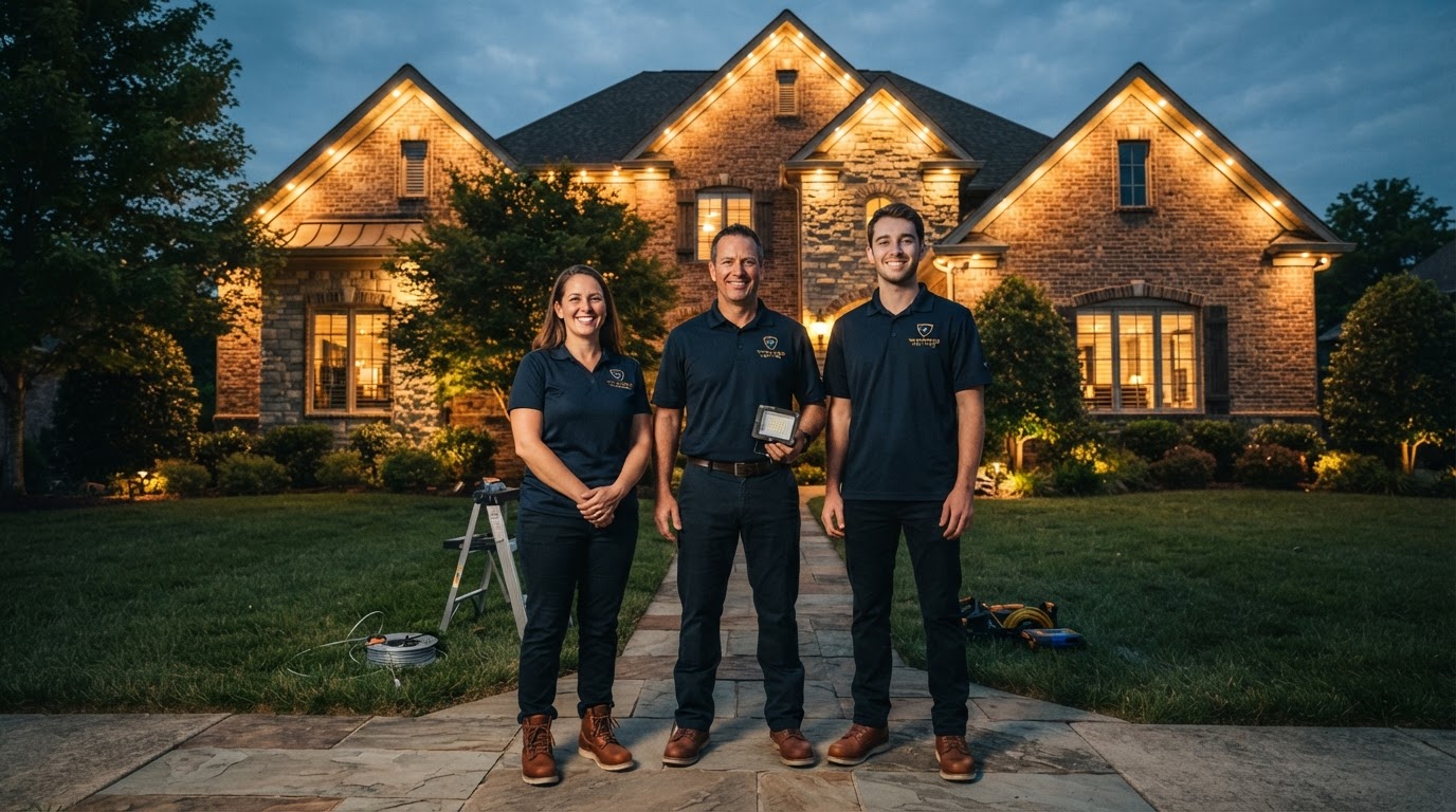 Waymaker Lighting professional installation team in official uniforms in front of an illuminated Central Kentucky home