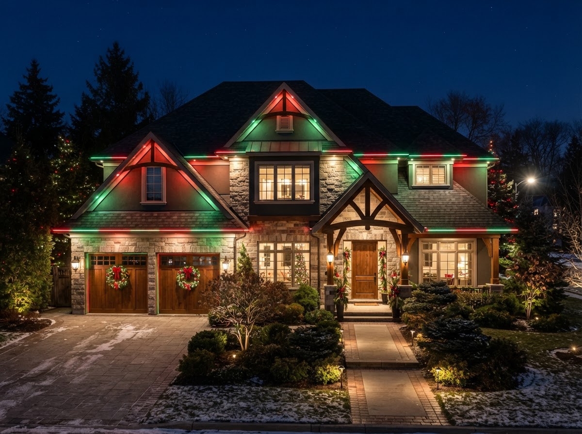 Christmas — Tasteful red & green permanent roofline lighting