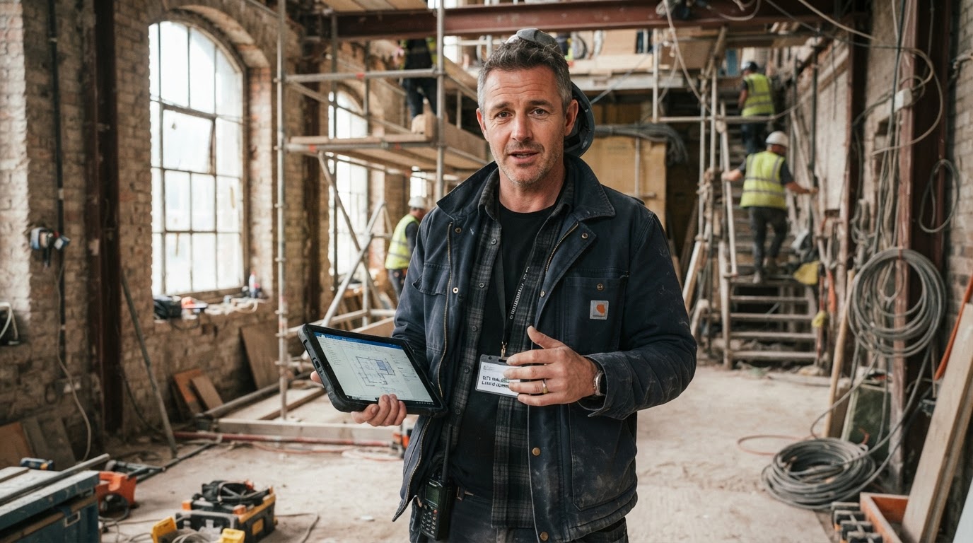 Gerente de reformas en obra consultando una tablet