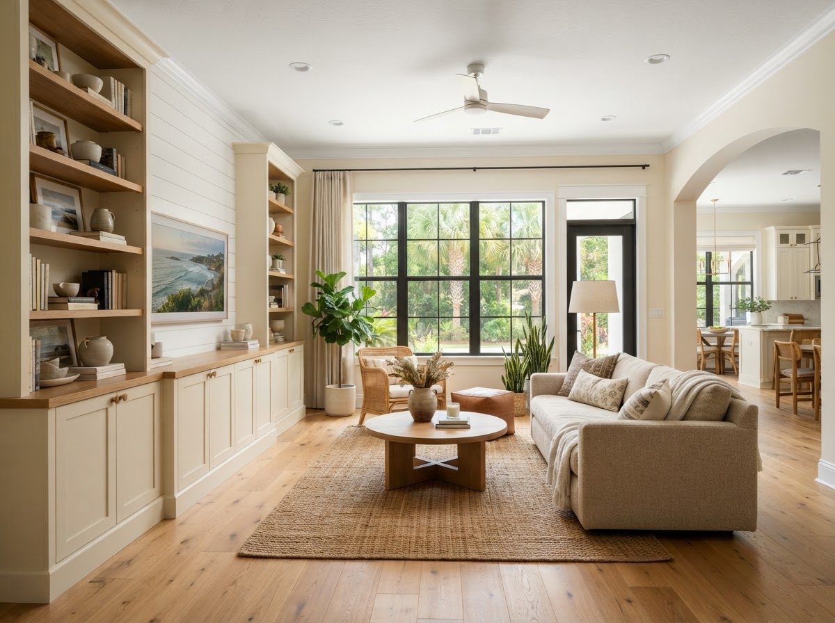 Renovated residential interior living room with updated flooring trim and modern finishes near Milton Florida