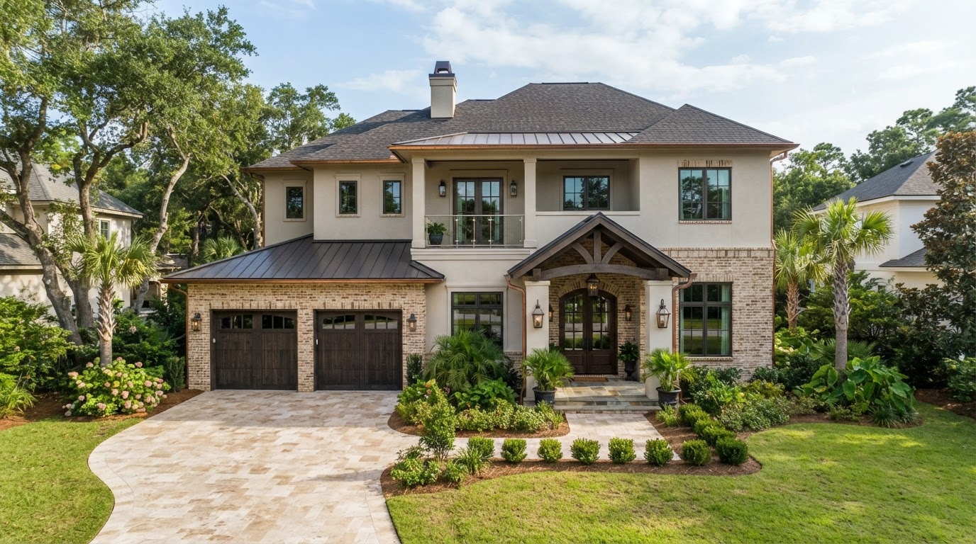 High-end two-story custom luxury residence with attached three-car garage and covered entry porch built near Pensacola, Escambia County, Florida
