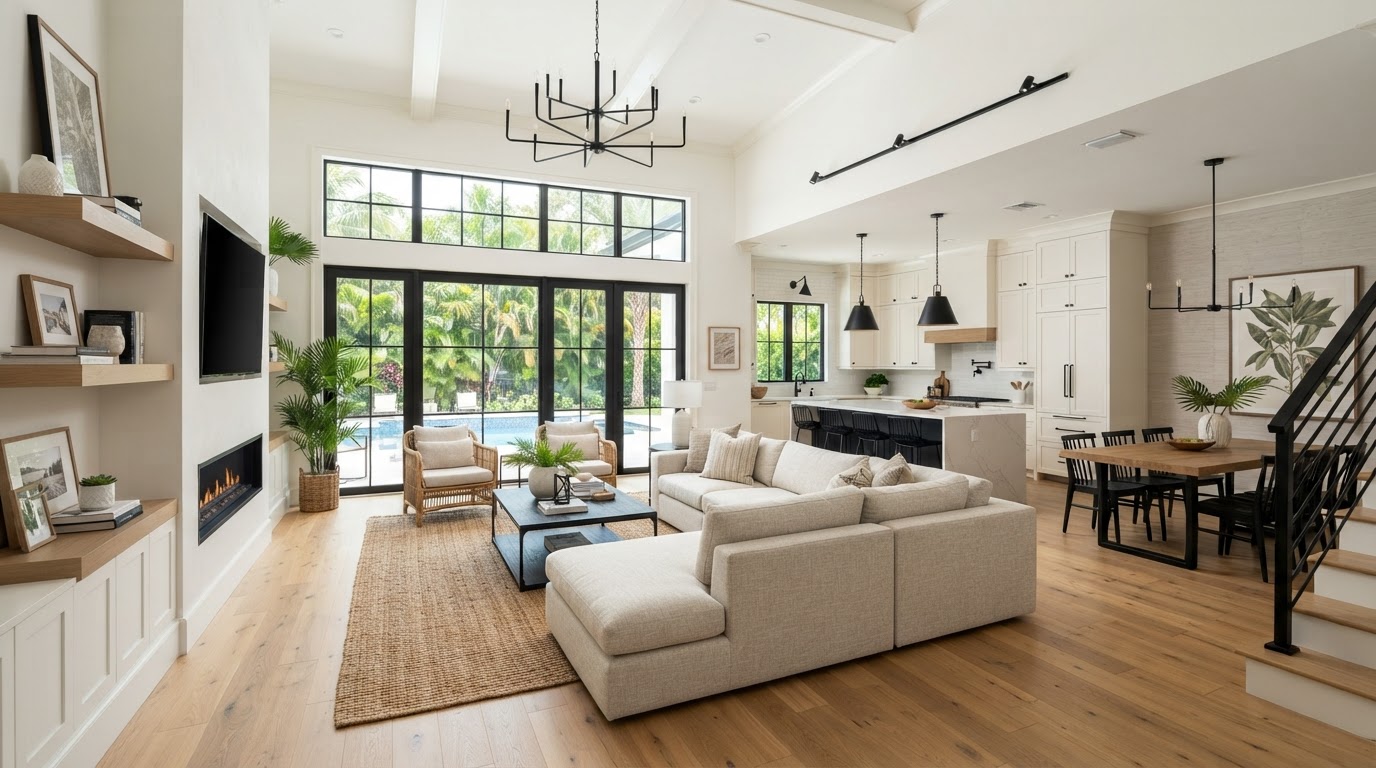 Renovated open-concept living room interior with updated flooring, trim, and natural light near Milton, Florida