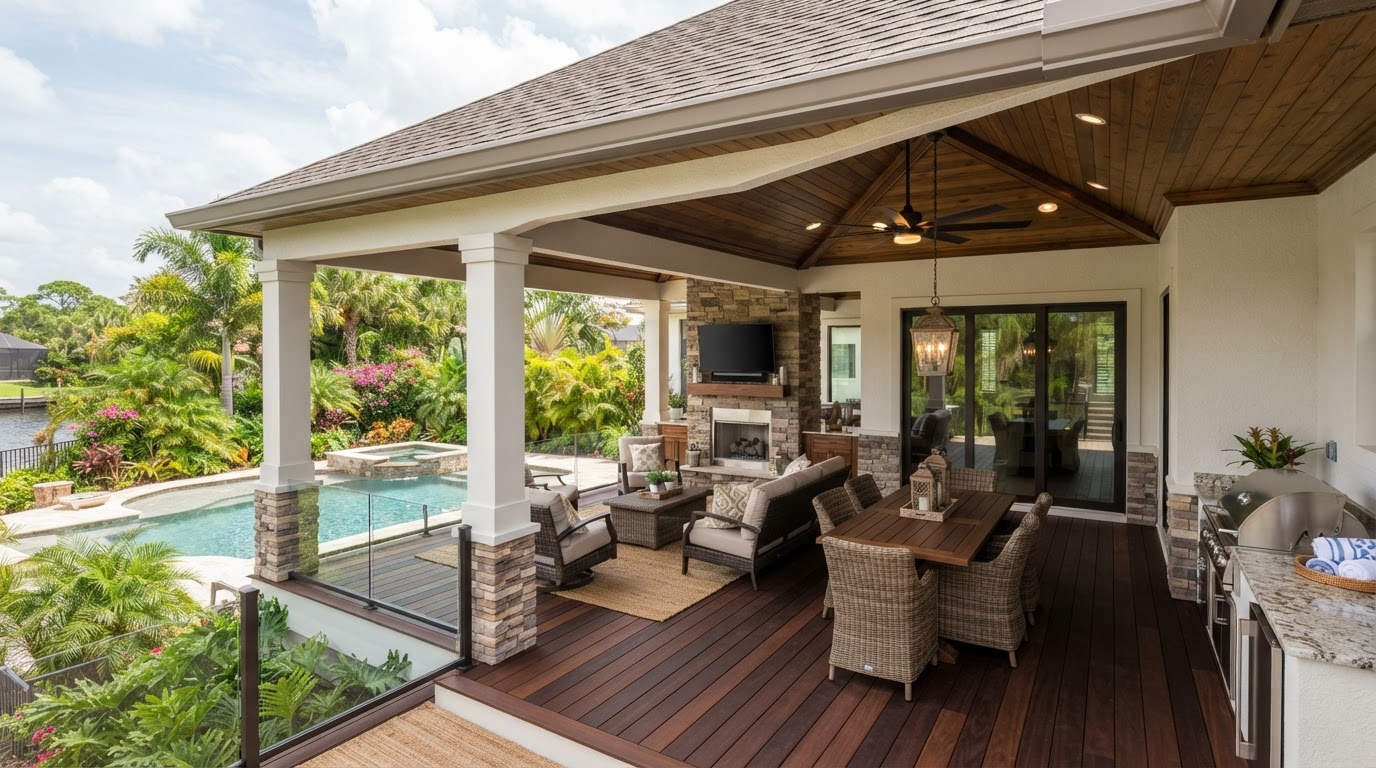 Covered residential deck with overhead roof, ceiling fan, and integrated roofline near Milton, Florida