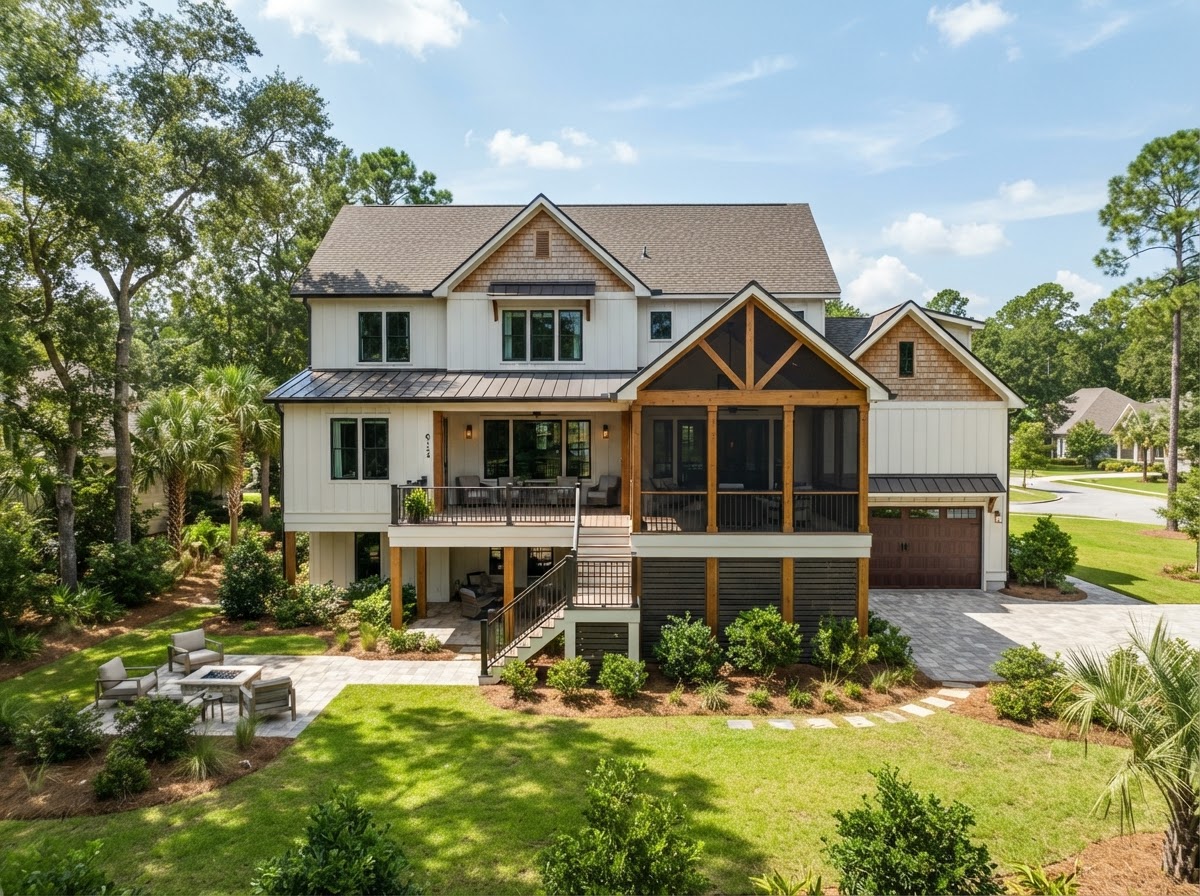 Newly built custom single-family home with attached multi-bay garage, covered entry, and rear deck on an Allentown, Florida residential acreage lot
