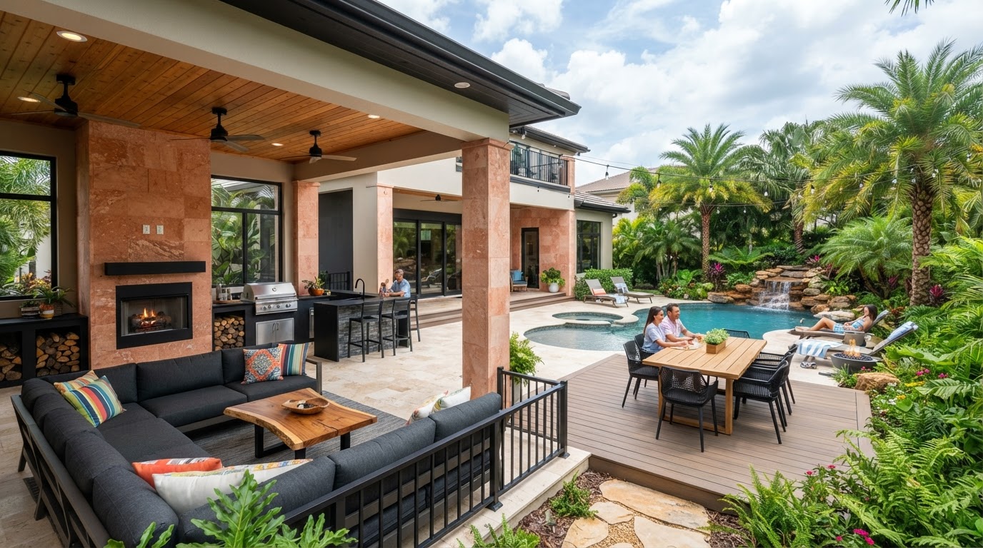 Integrated outdoor living environment combining covered patio, deck, seating and dining zones near Milton, Florida
