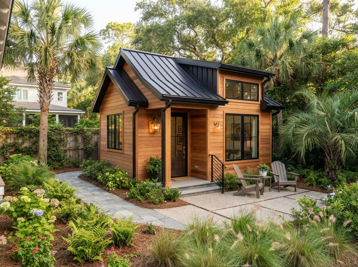 Detached accessory dwelling unit ADU style guest house with warm wood siding near Milton Florida