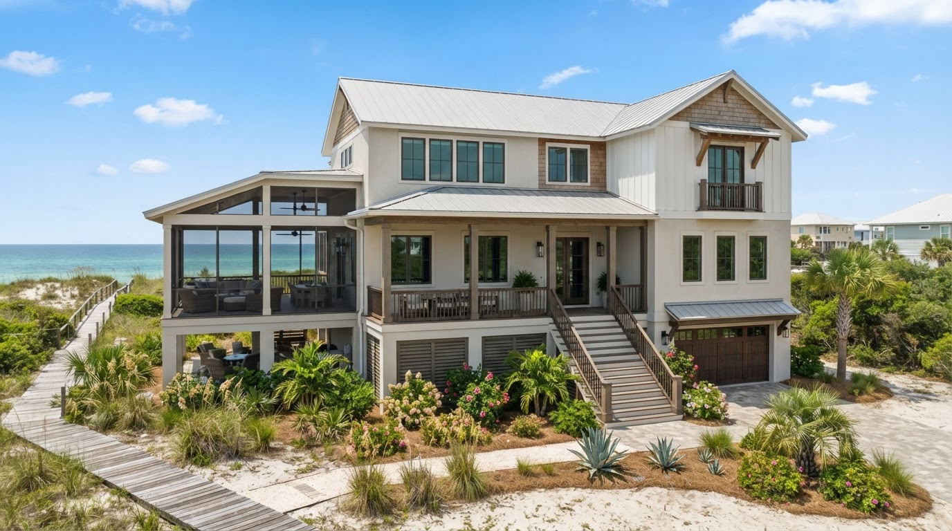 Coastal custom single-family home with modern Florida coastal architecture, attached garage, elevated covered porch, and screened outdoor living area near Navarre, Santa Rosa County, Florida