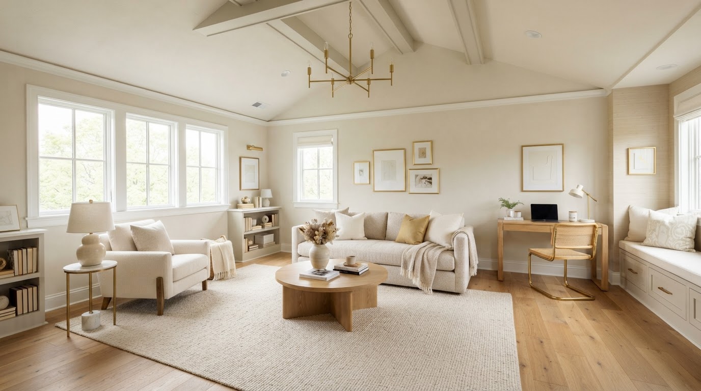 Tastefully finished flex room above a residential garage with windows, warm flooring and natural light near Milton, Florida