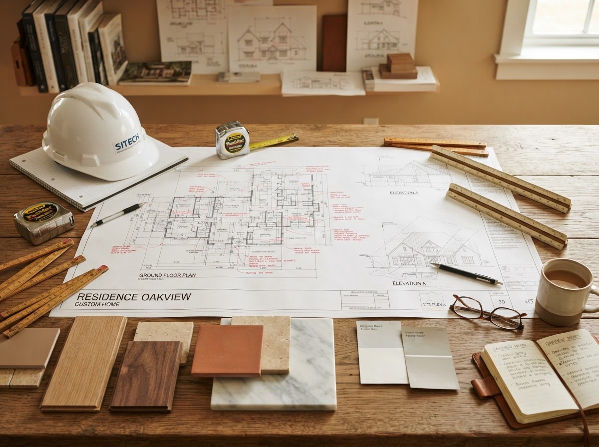 Architectural home blueprints floor plans and material samples on a table near Milton Florida
