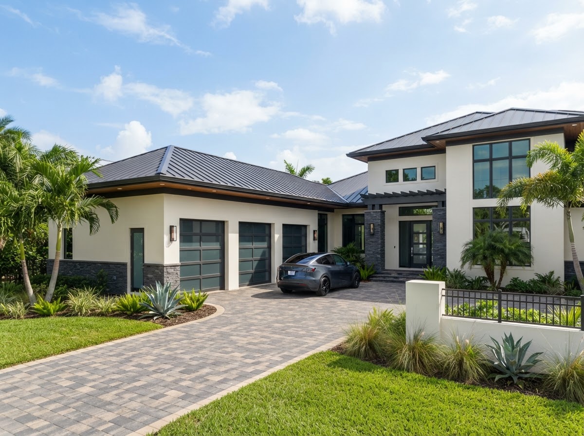 Attached garage physically connected to a modern Florida residence with matching roofline near Milton, Florida