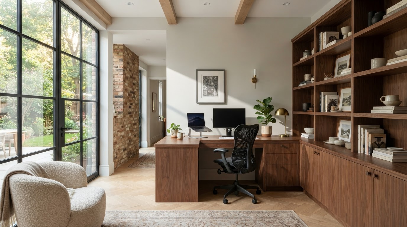 Dedicated home office addition with built-in shelving, desk zone and natural light integrated with a residence near Milton, Florida