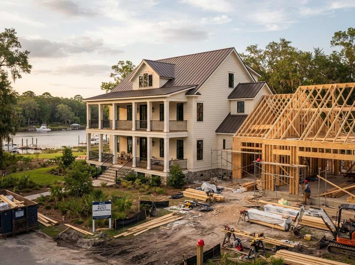 Refined two-story custom home with classic porch and nearby new construction framing in Bagdad, Florida