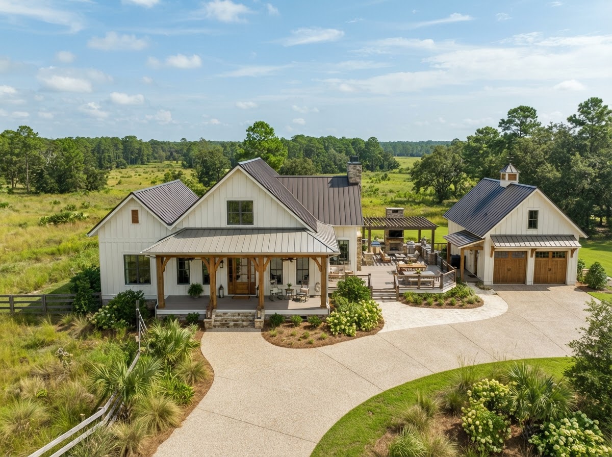 Modern custom single-family residence with detached garage, covered front porch, and screened outdoor living area near Gonzalez, Escambia County, Florida