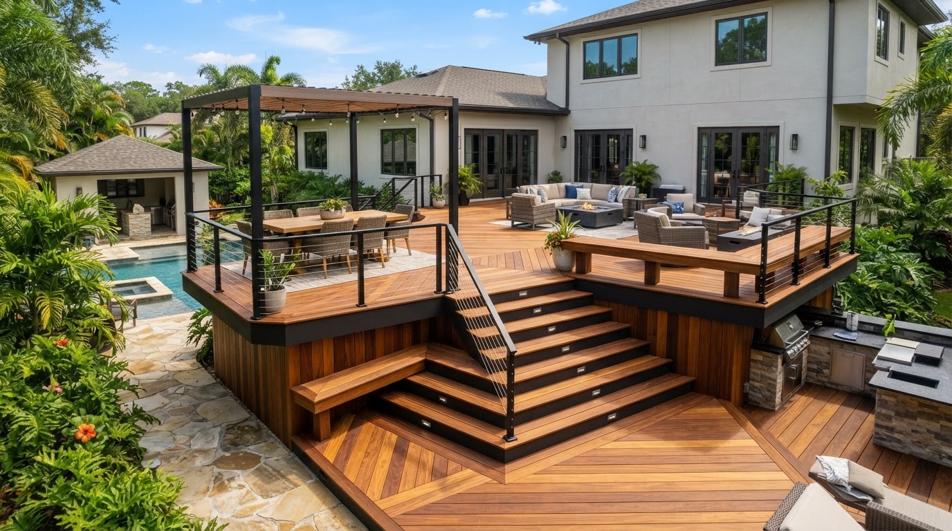 Distinctive custom deck layout with multiple zones, wide stairs, and integrated seating near Milton, Florida