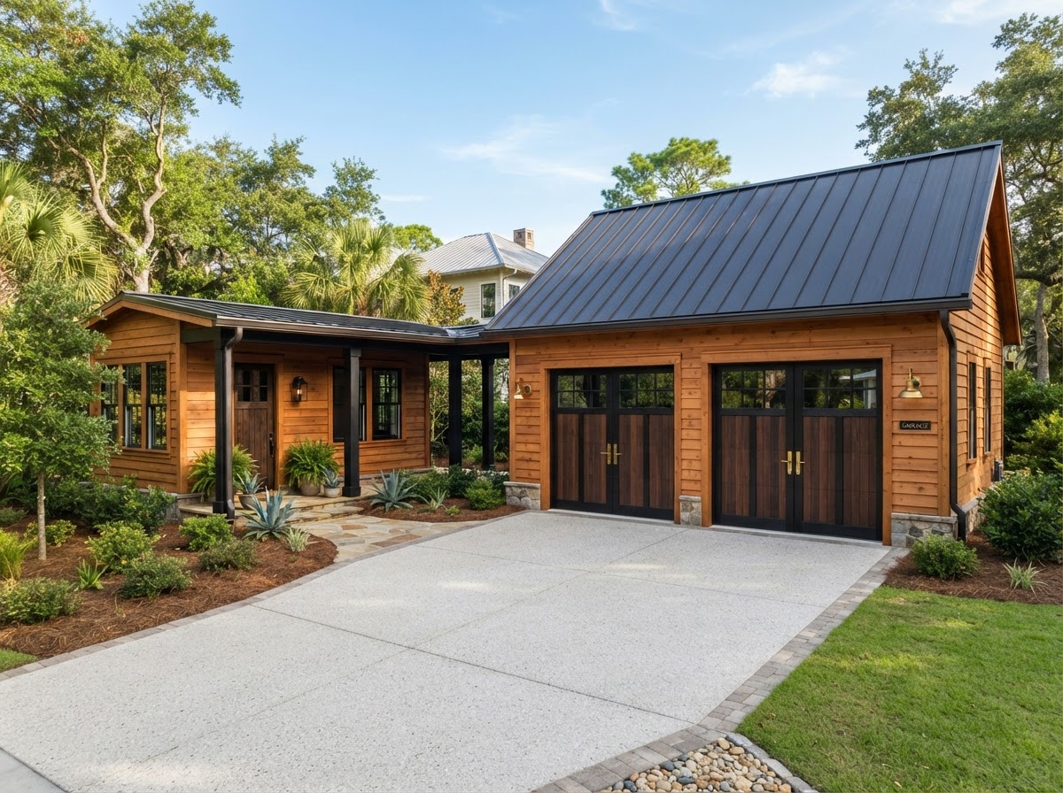Custom residential detached garage with warm wood and dark architectural black doors near Milton Florida