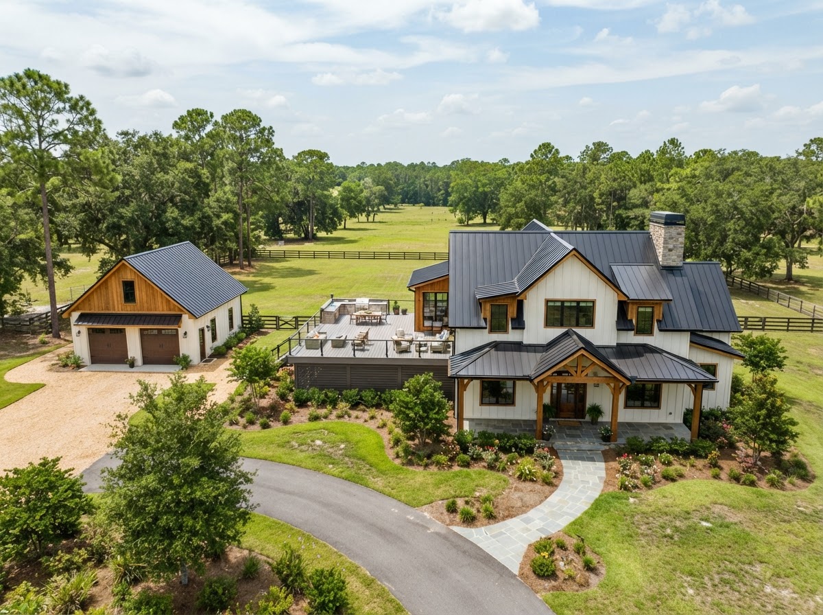 Spacious custom single-family home on a large rural residential lot with detached workshop garage, covered porch, and outdoor living deck near Harold, Florida